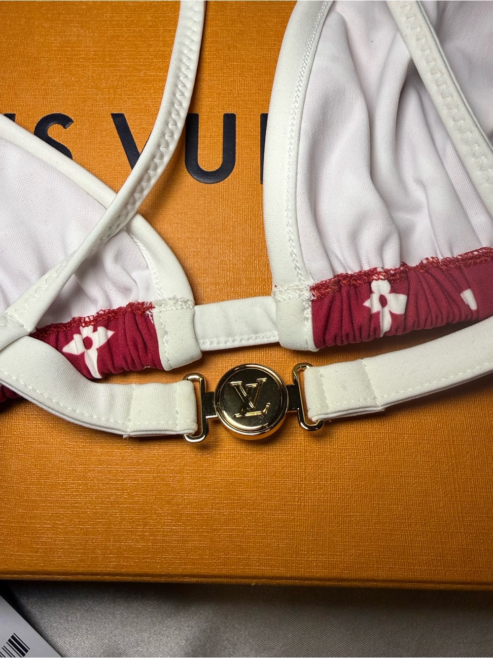 Louis Vuitton Red and White Monogram Triangle Bikini Top with Gold Accent - Picture 6 of 7